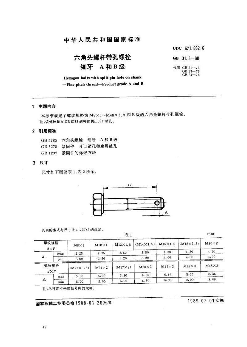 GB/T 31.3-1988 六角头螺杆带孔螺栓  细牙  A和B级