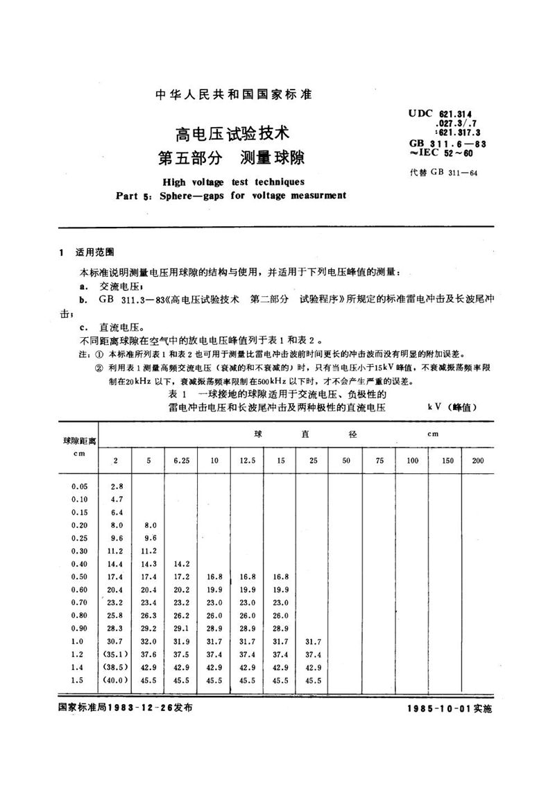 GB/T 311.6-1983 高电压试验技术  第五部分  测量球隙