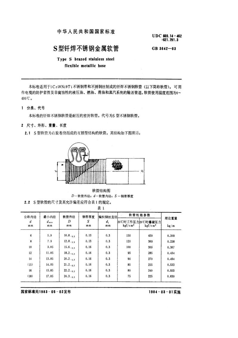 GB/T 3642-1983 S型钎焊不锈钢金属软管