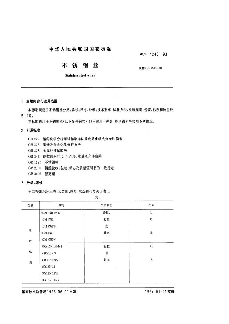 GB/T 4240-1993 不锈钢丝