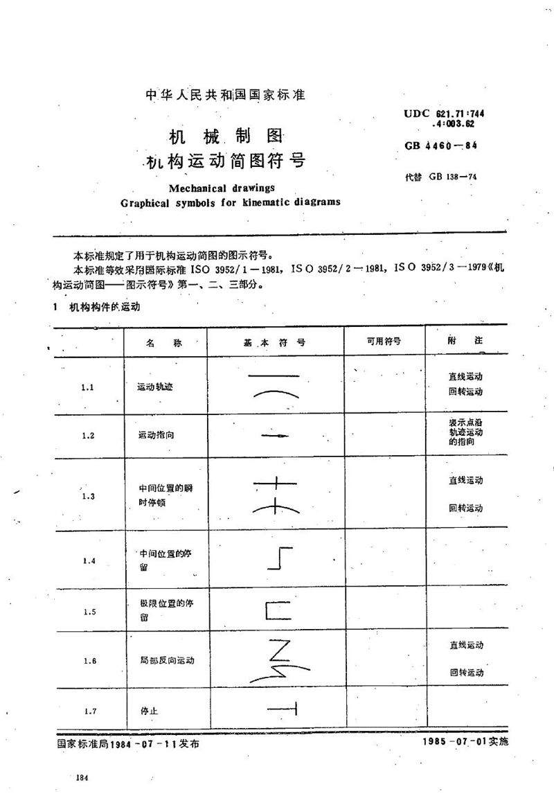 GB/T 4460-1984 机械制图  机构运动简图符号