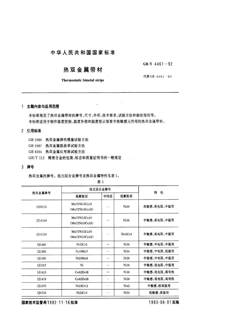 GB/T 4461-1992 热双金属带材