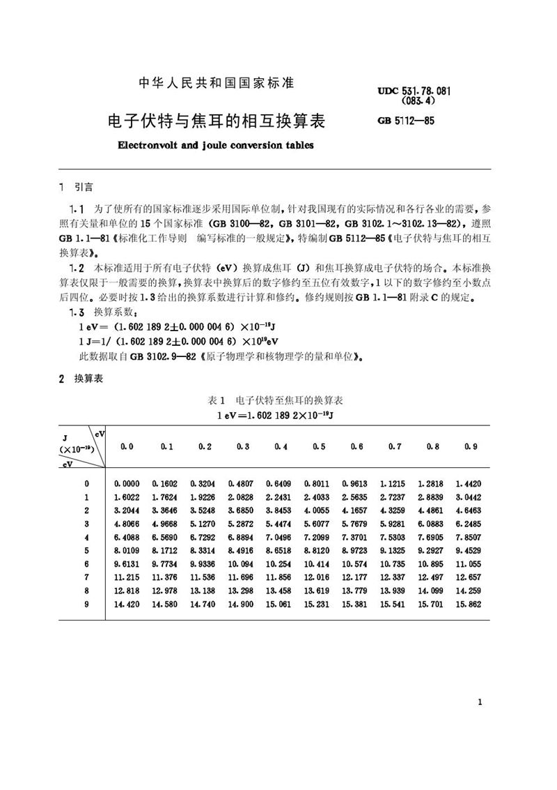 GB/T 5112-1985 电子伏特与焦耳的相互换算表