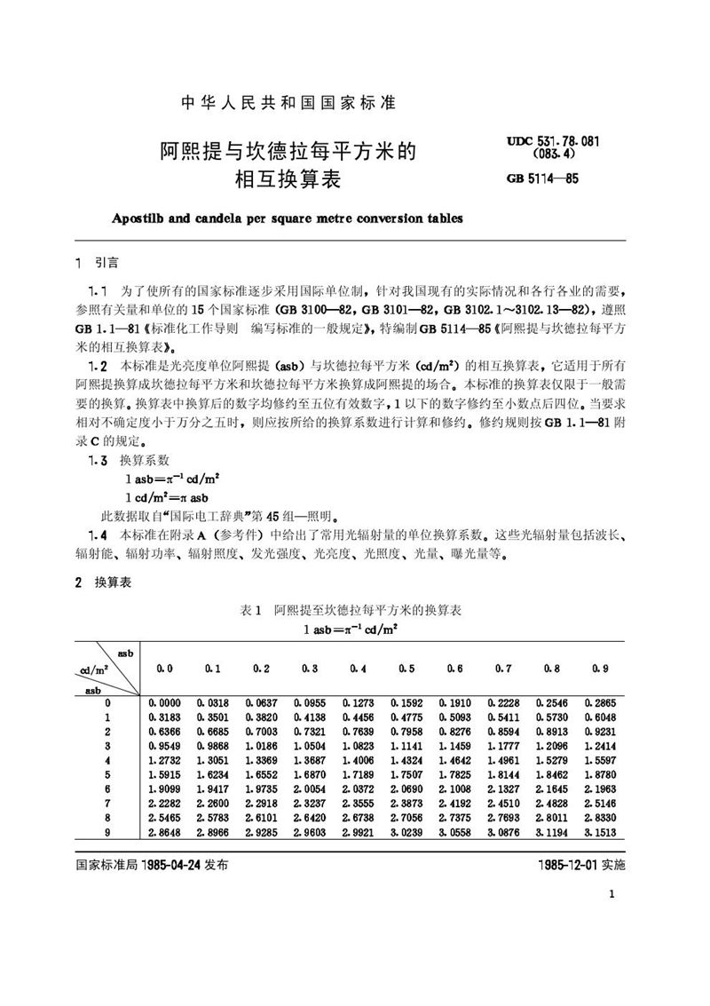 GB/T 5114-1985 阿熙提与坎德拉每平方米的相互换算表