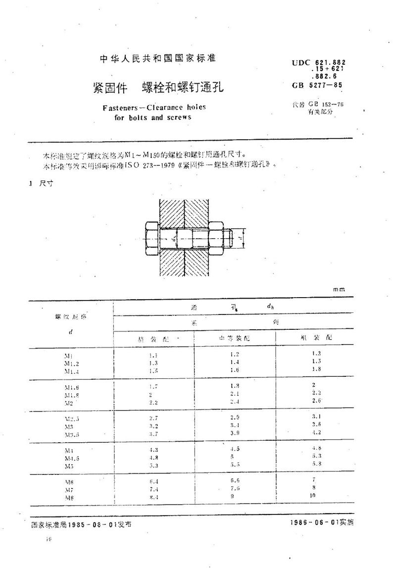 GB/T 5277-1985 紧固件  螺栓和螺钉通孔