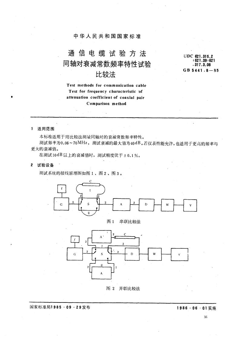 GB/T 5441.8-1985 通信电缆试验方法  同轴对衰减常数频率特性试验  比较法