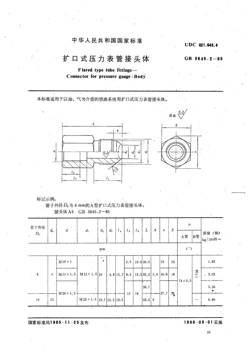 GB/T 5645.2-1985 扩口式压力表管接头体