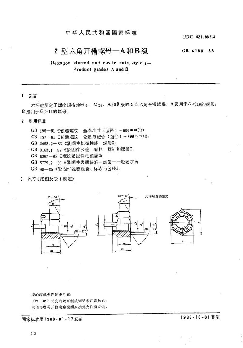 GB/T 6180-1986 2型六角开槽螺母  A和B级