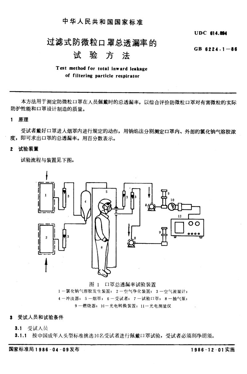 GB/T 6224.1-1986 过滤式防微粒口罩总透漏率的试验方法