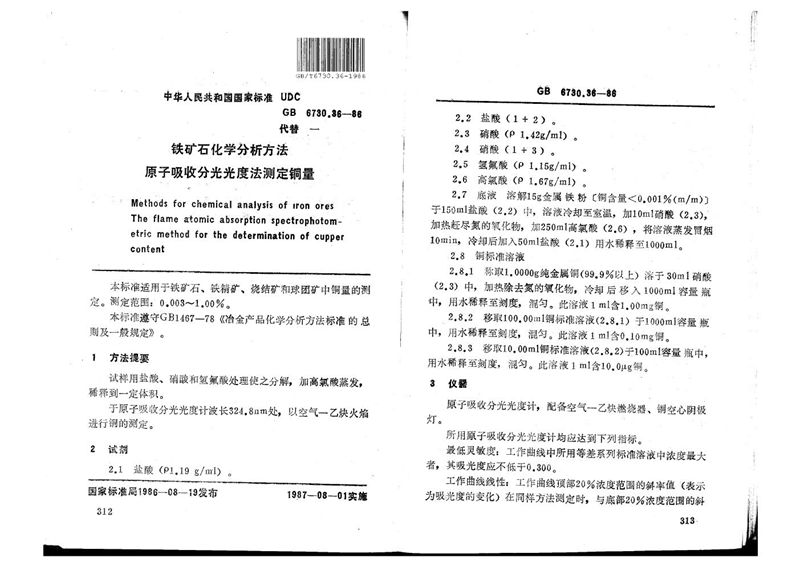 GB/T 6730.36-1986 铁矿石化学分析方法  原子吸收分光光度法测定铜量