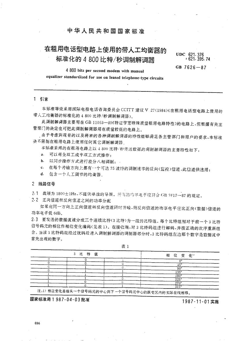 GB/T 7626-1987 在租用电话型电路上使用的带人工均衡器的标准化的4800比特/秒调制解调器