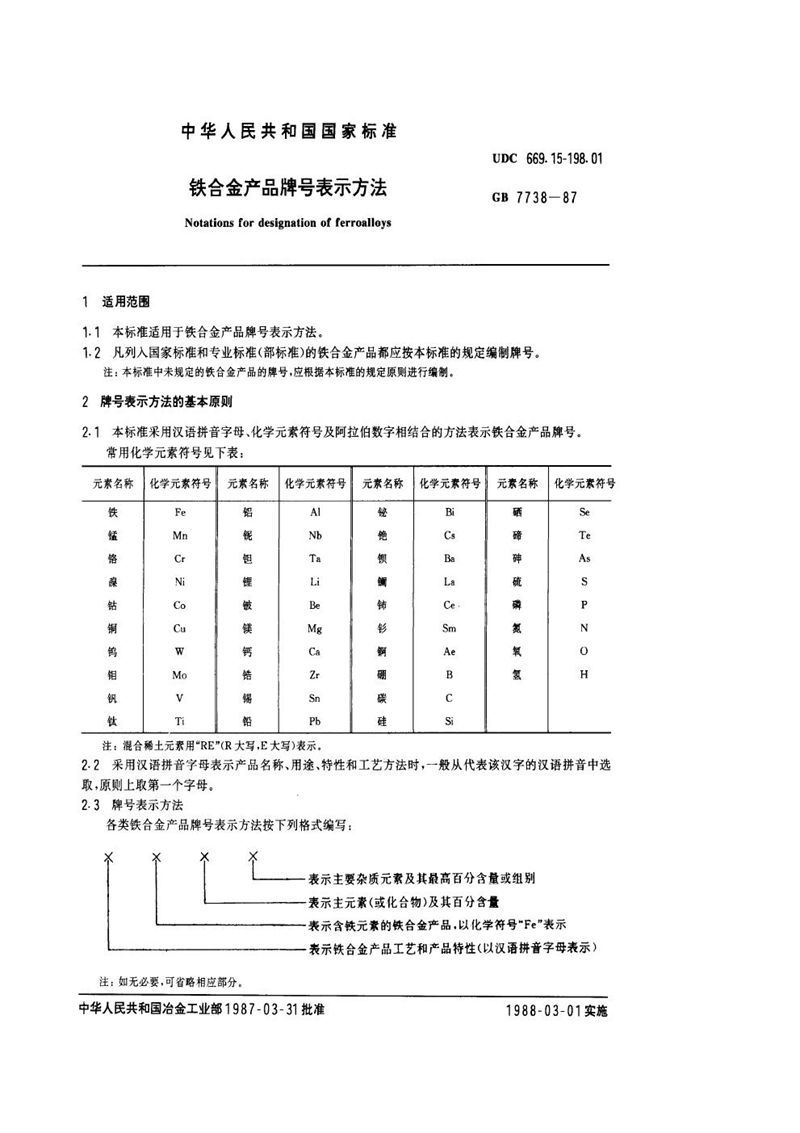 GB/T 7738-1987 铁合金产品牌号表示方法