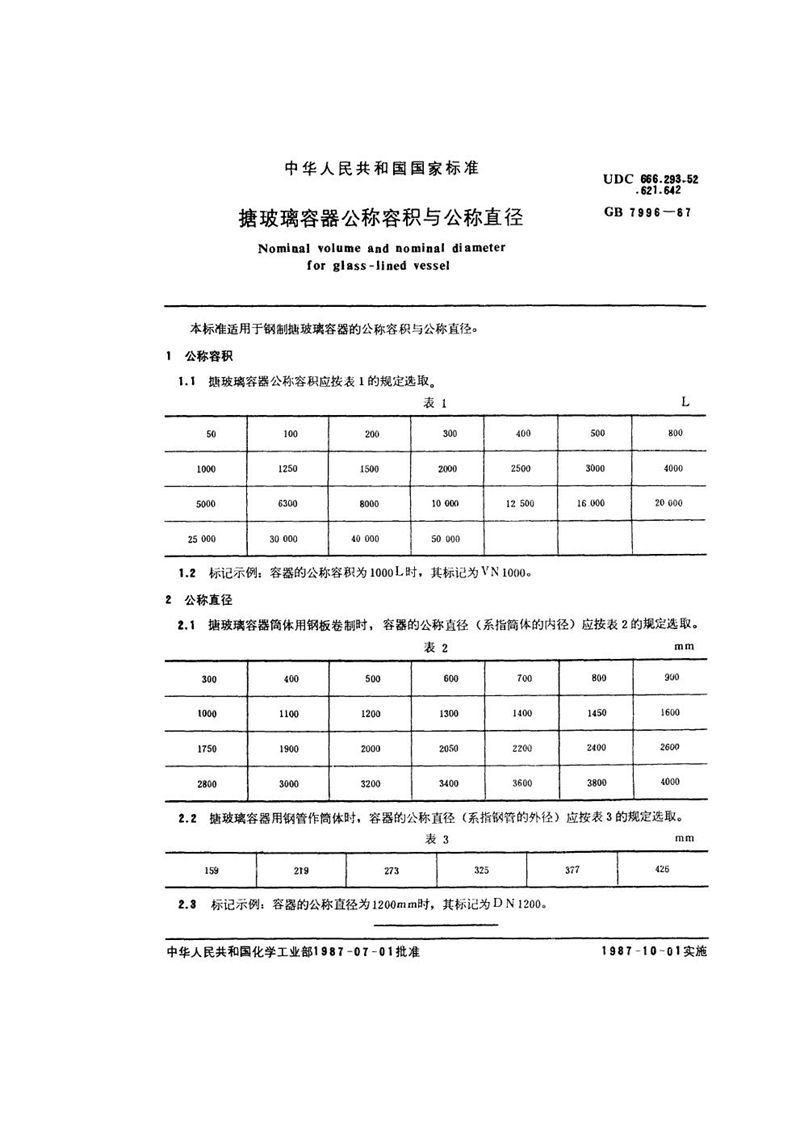 GB/T 7996-1987 搪玻璃容器公称容积与公称直径