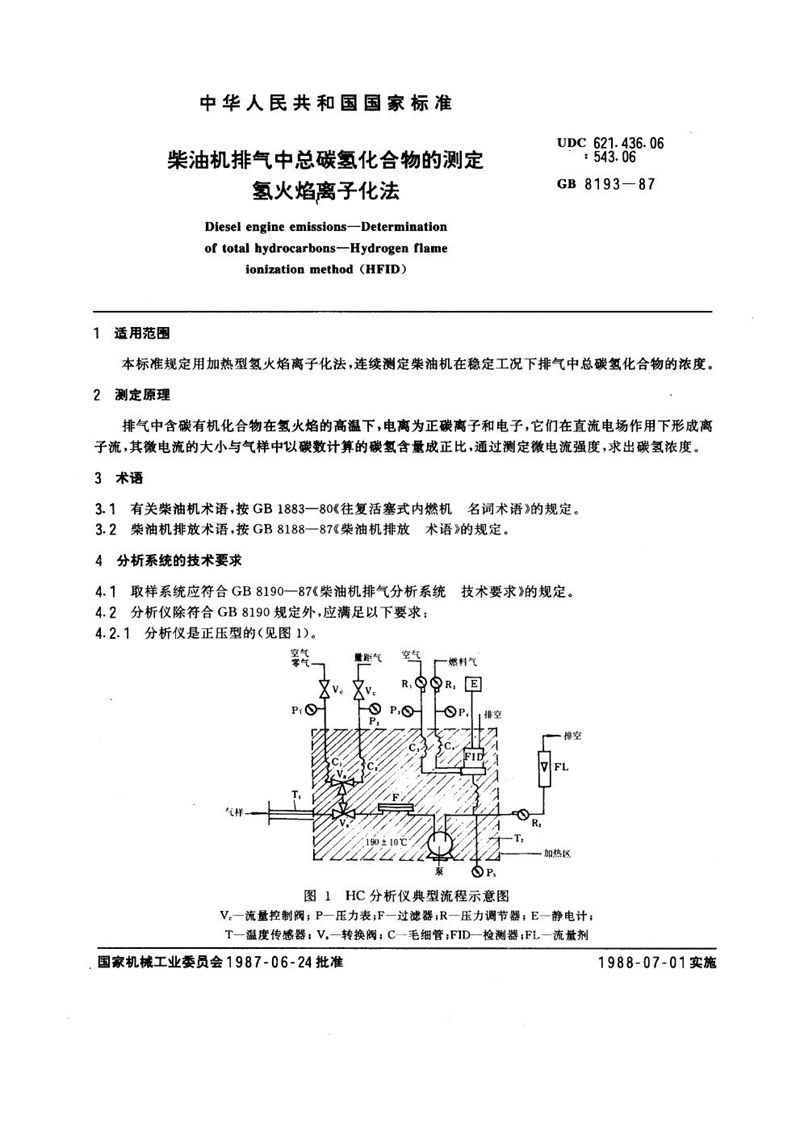 GB/T 8193-1987 柴油机排气中总碳氢化合物的测定  氢火焰离子化法