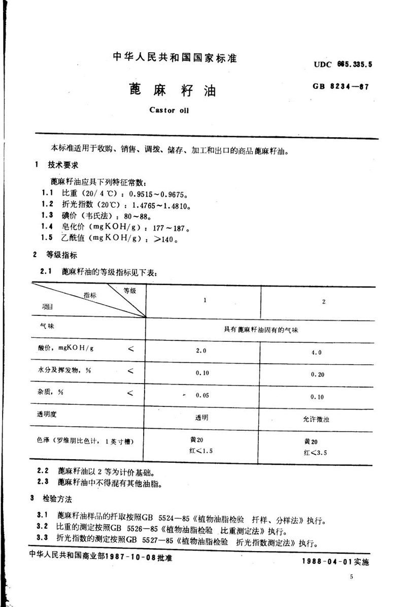 GB/T 8234-1987 蓖麻籽油