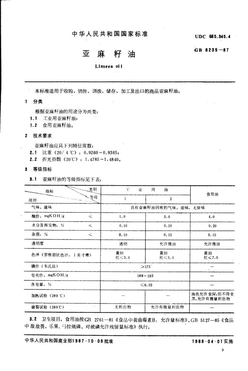 GB/T 8235-1987 亚麻籽油