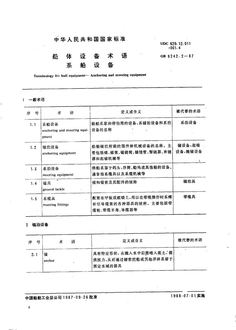 GB/T 8242.2-1987 船体设备术语  系船设备