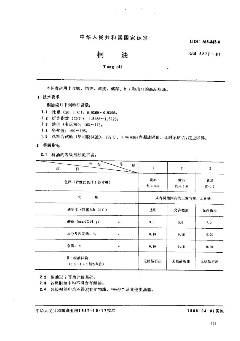 GB/T 8277-1987 桐油