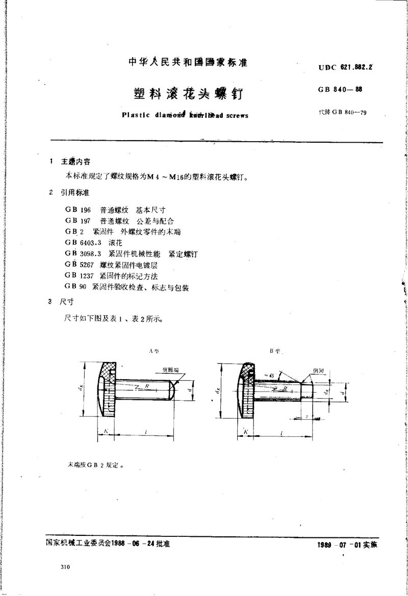 GB/T 840-1988 塑料滚花头螺钉