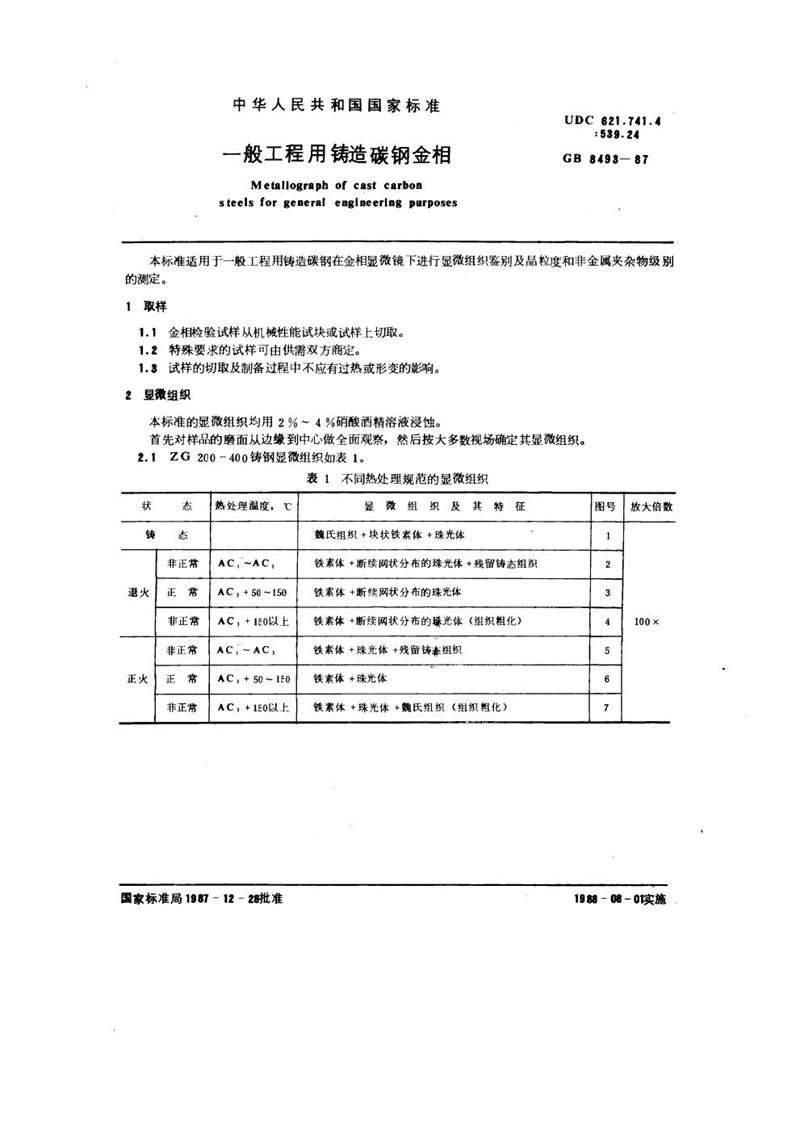 GB/T 8493-1987 一般工程用铸造碳钢金相