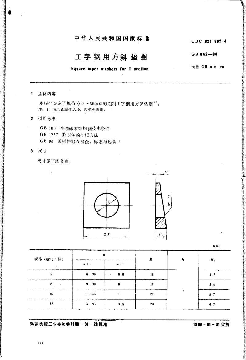 GB/T 852-1988 工字钢用方斜垫圈