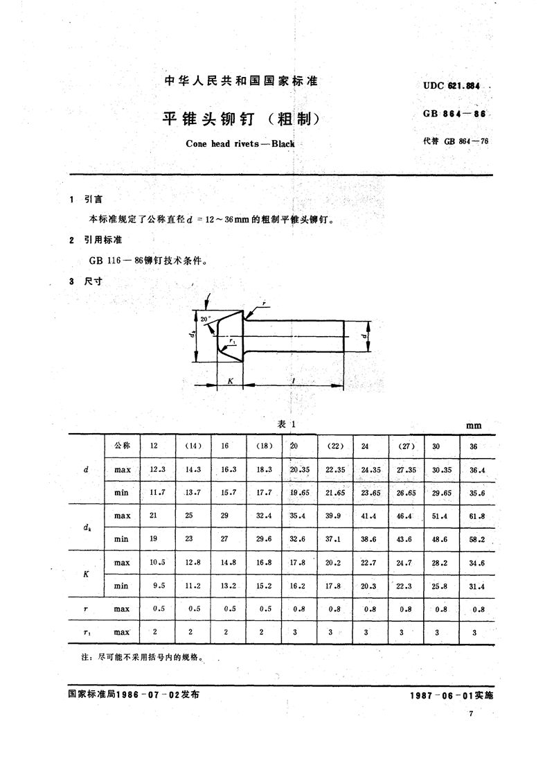 GB/T 864-1986 平锥头铆钉 (粗制)