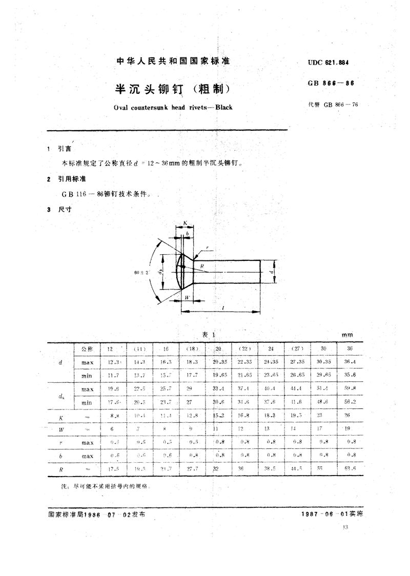 GB/T 866-1986 半沉头铆钉 (粗制)