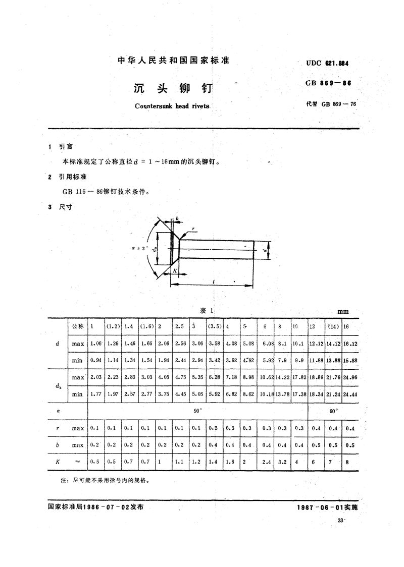 GB/T 869-1986 沉头铆钉