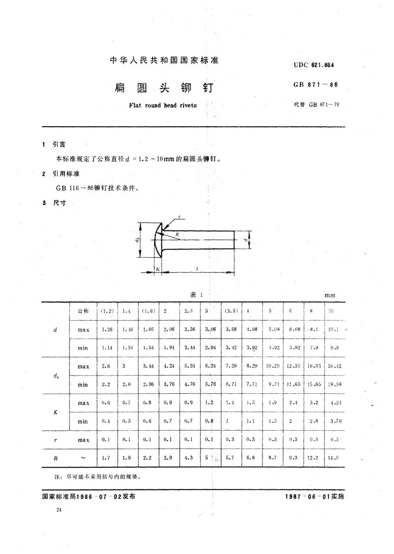 GB/T 871-1986 扁圆头铆钉