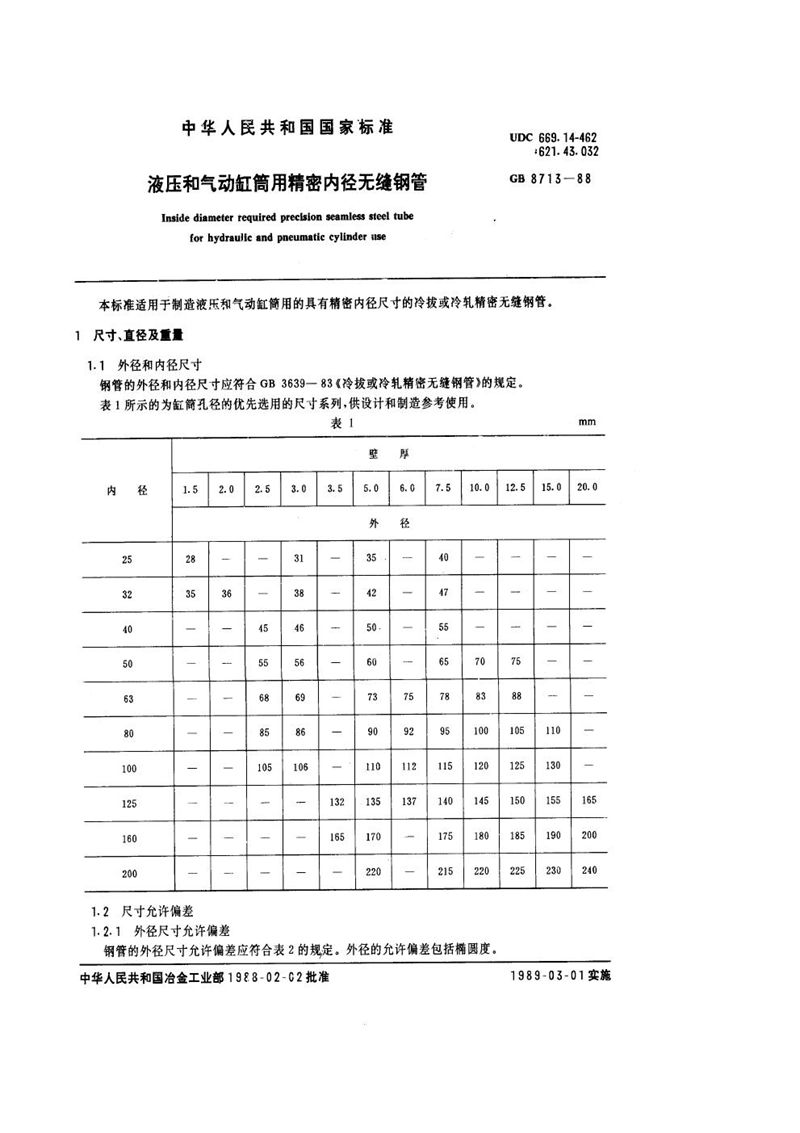 GB/T 8713-1988 液压和气动缸筒用精密内径无缝钢管