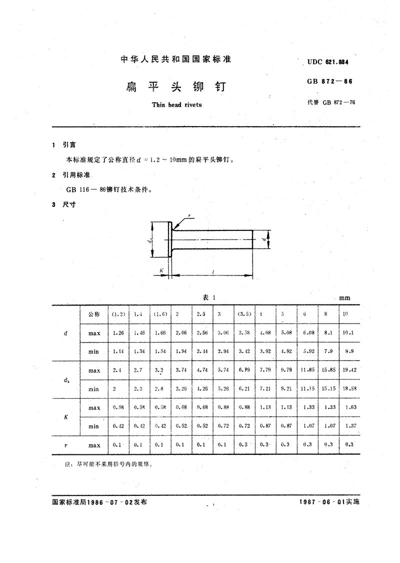 GB/T 872-1986 扁平头铆钉