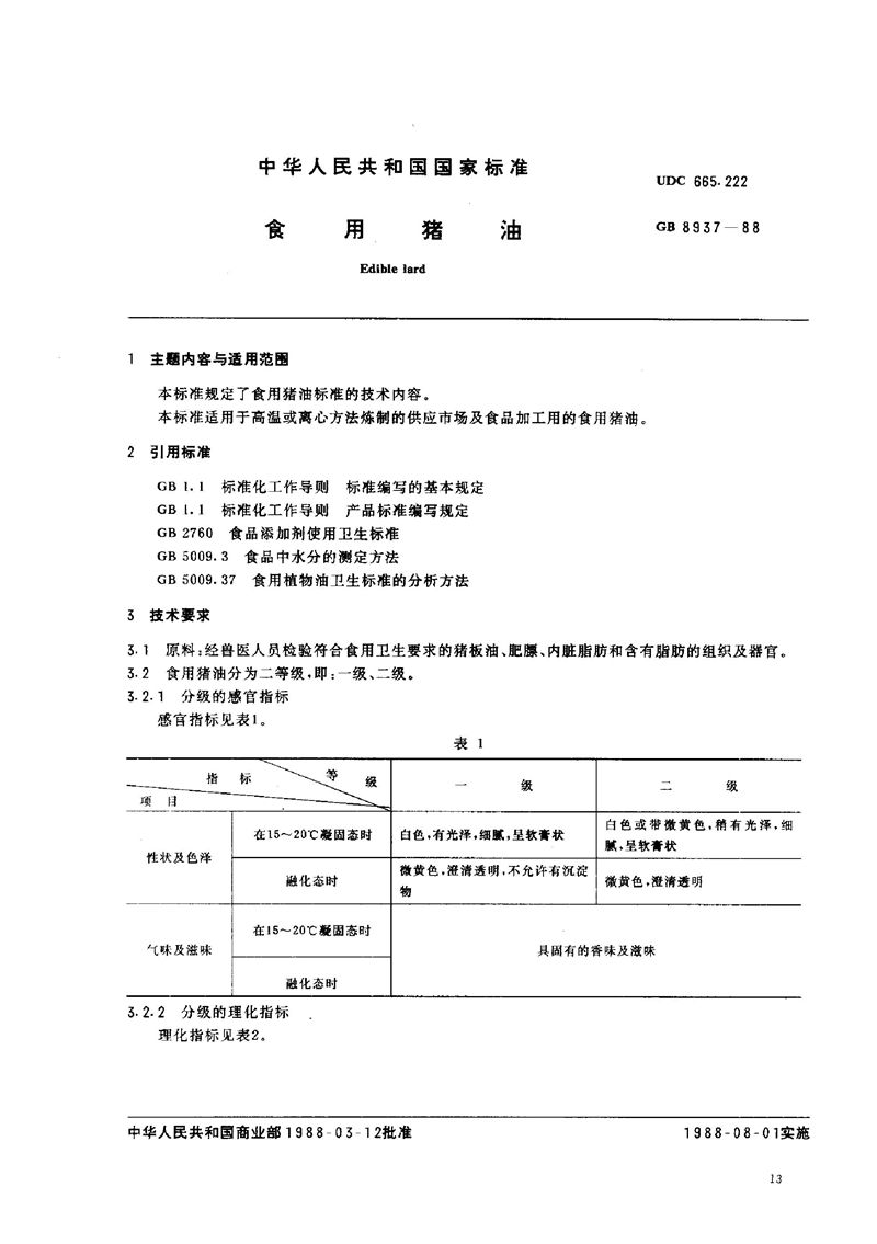 GB/T 8937-1988 食用猪油