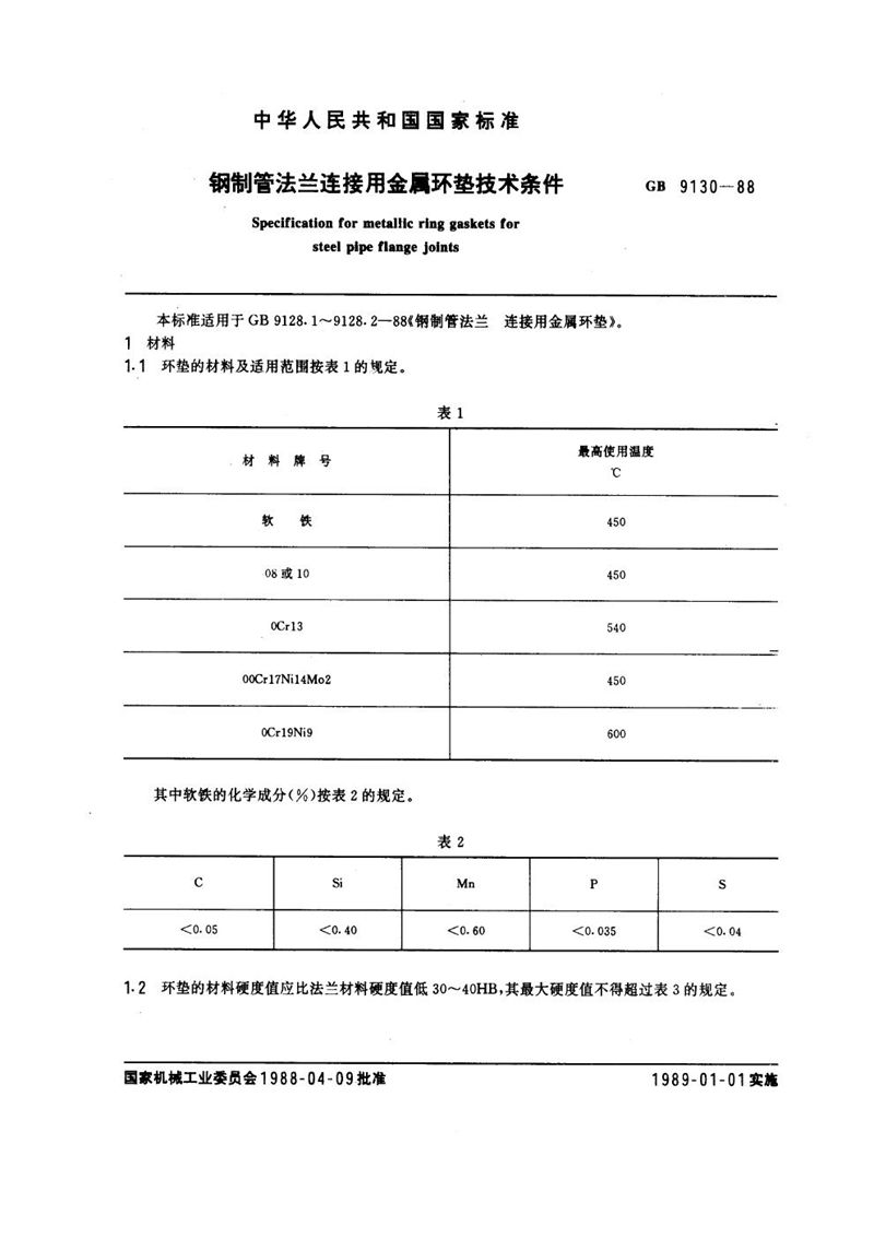 GB/T 9130-1988 钢制管法兰连接用金属环垫技术条件