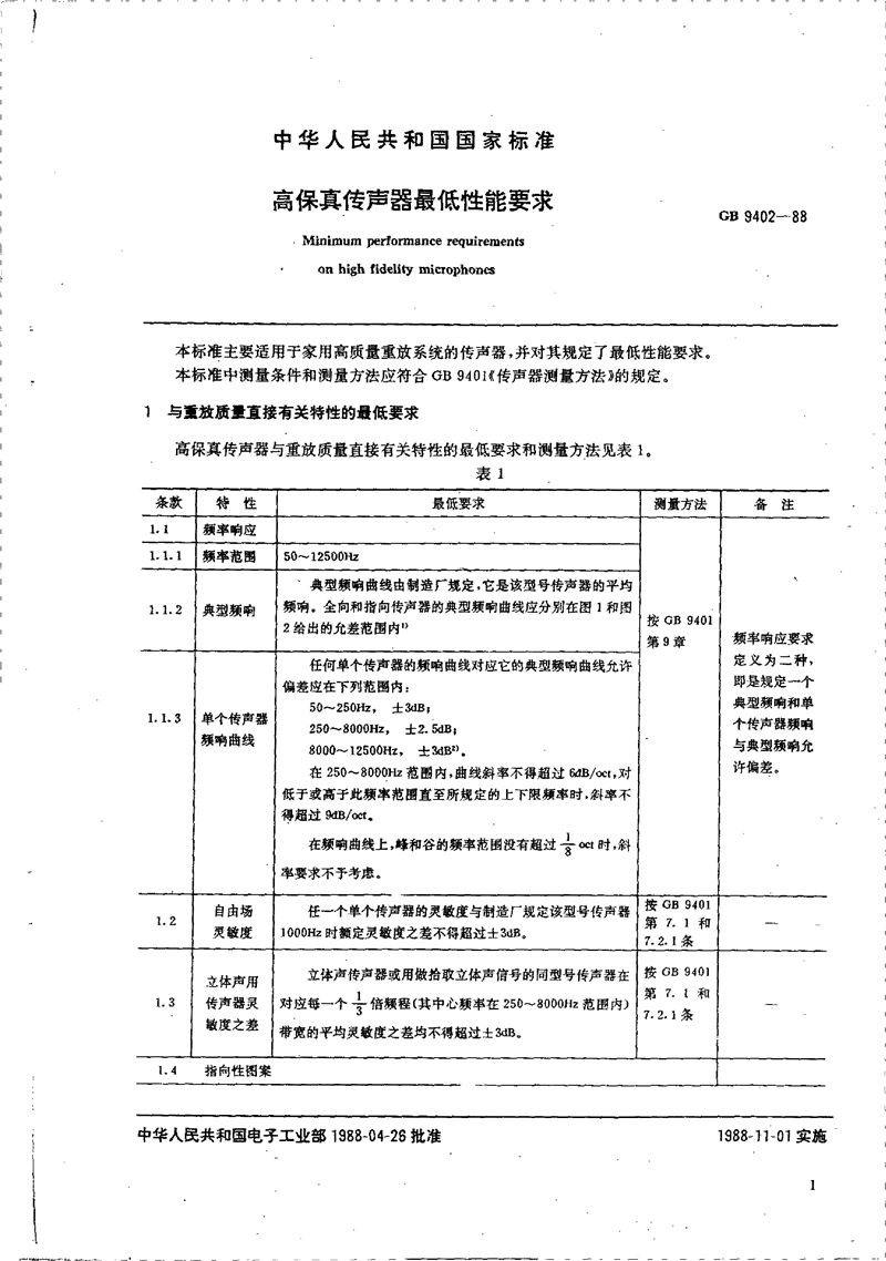 GB/T 9402-1988 高保真传声器最低性能要求