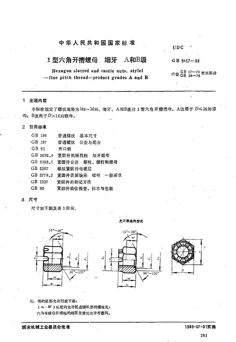 GB/T 9457-1988 1 型六角开槽螺母  细牙  A和B级