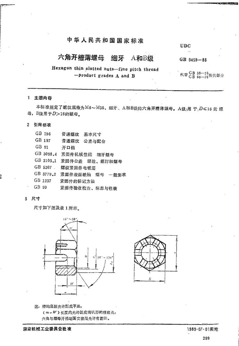 GB/T 9459-1988 六角开槽薄螺母  细牙  A和B级