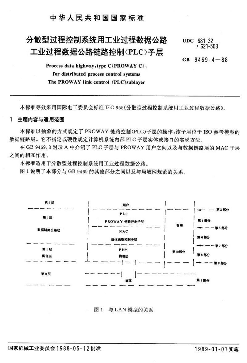 GB/T 9469.4-1988 分散型过程控制系统用工业过程数据公路  工业过程数据公路链路控制 (PLC) 子层