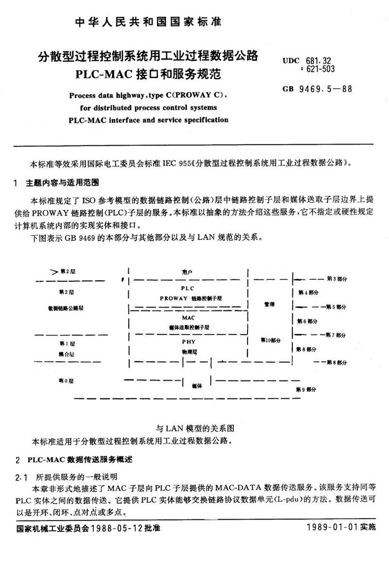 GB/T 9469.5-1988 分散型过程控制系统用工业过程数据公路  PLC-MAC 接口和服务规范