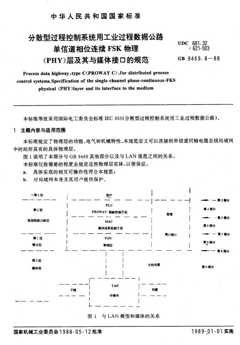 GB/T 9469.8-1988 分散型过程控制系统用工业过程数据公路  单信道相位连续 FSK物理 (PHY)层及其与媒体接口的规范