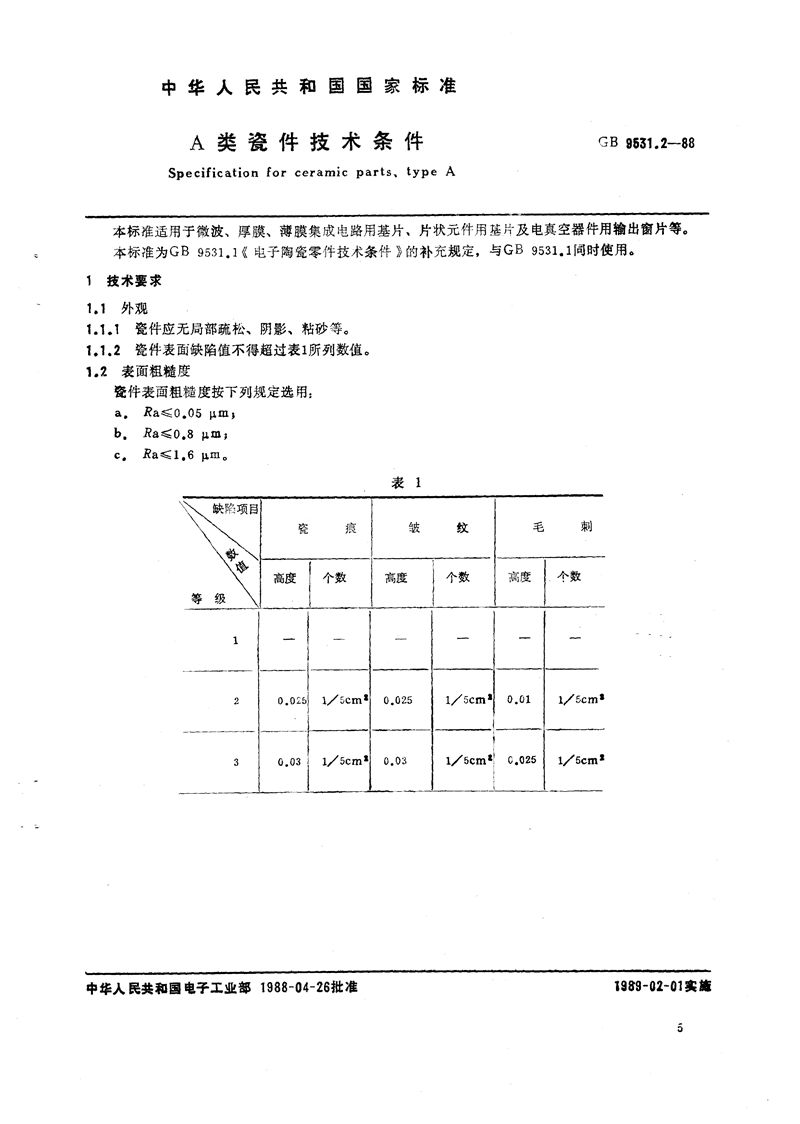 GB/T 9531.2-1988 A 类瓷件技术条件