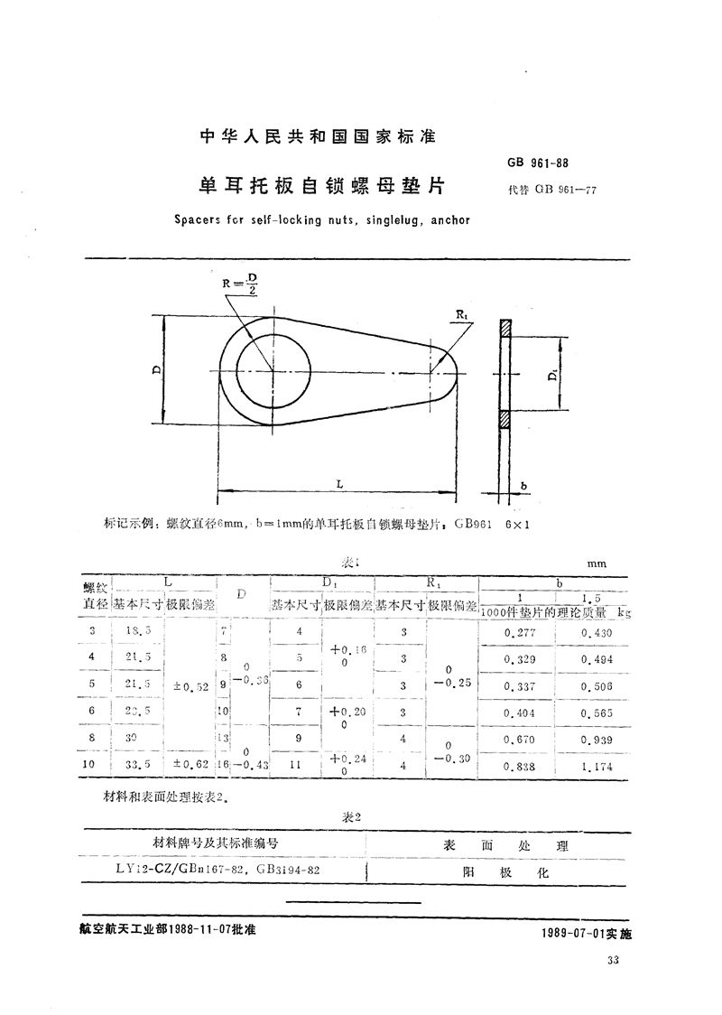 GB/T 961-1988 单耳托板自锁螺母垫片