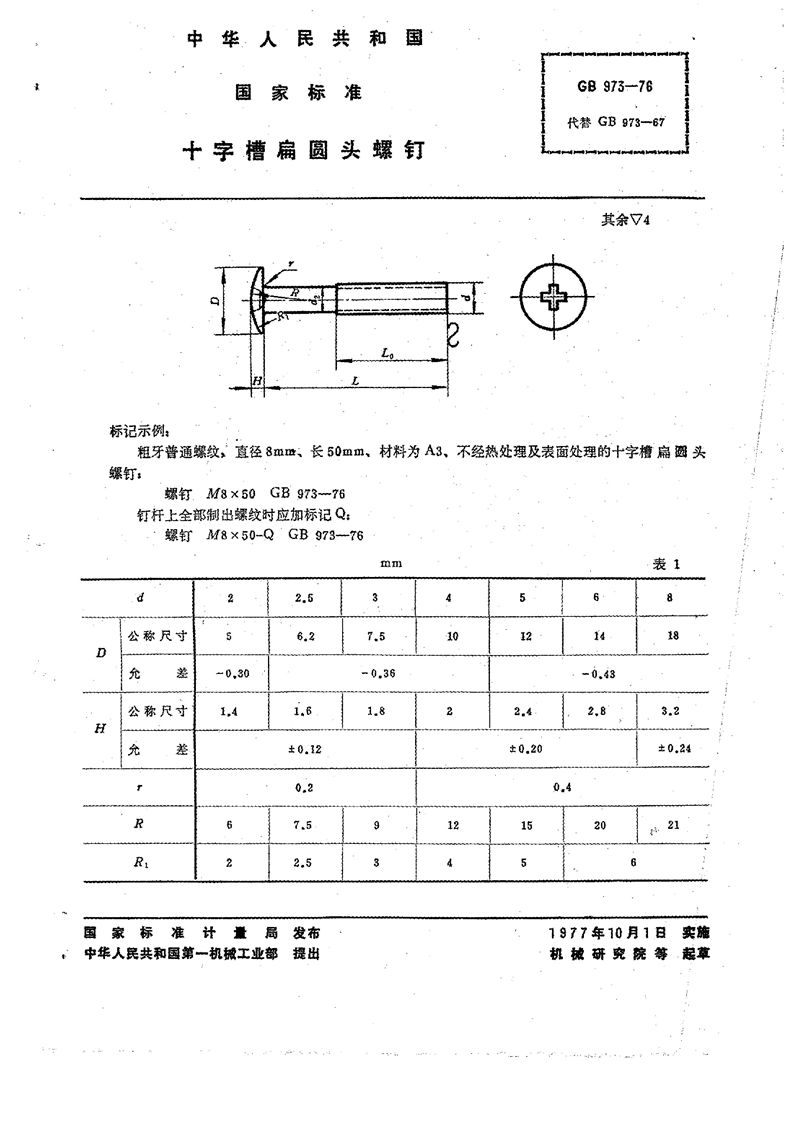 GB/T 973-1976 十字槽扁圆头螺钉