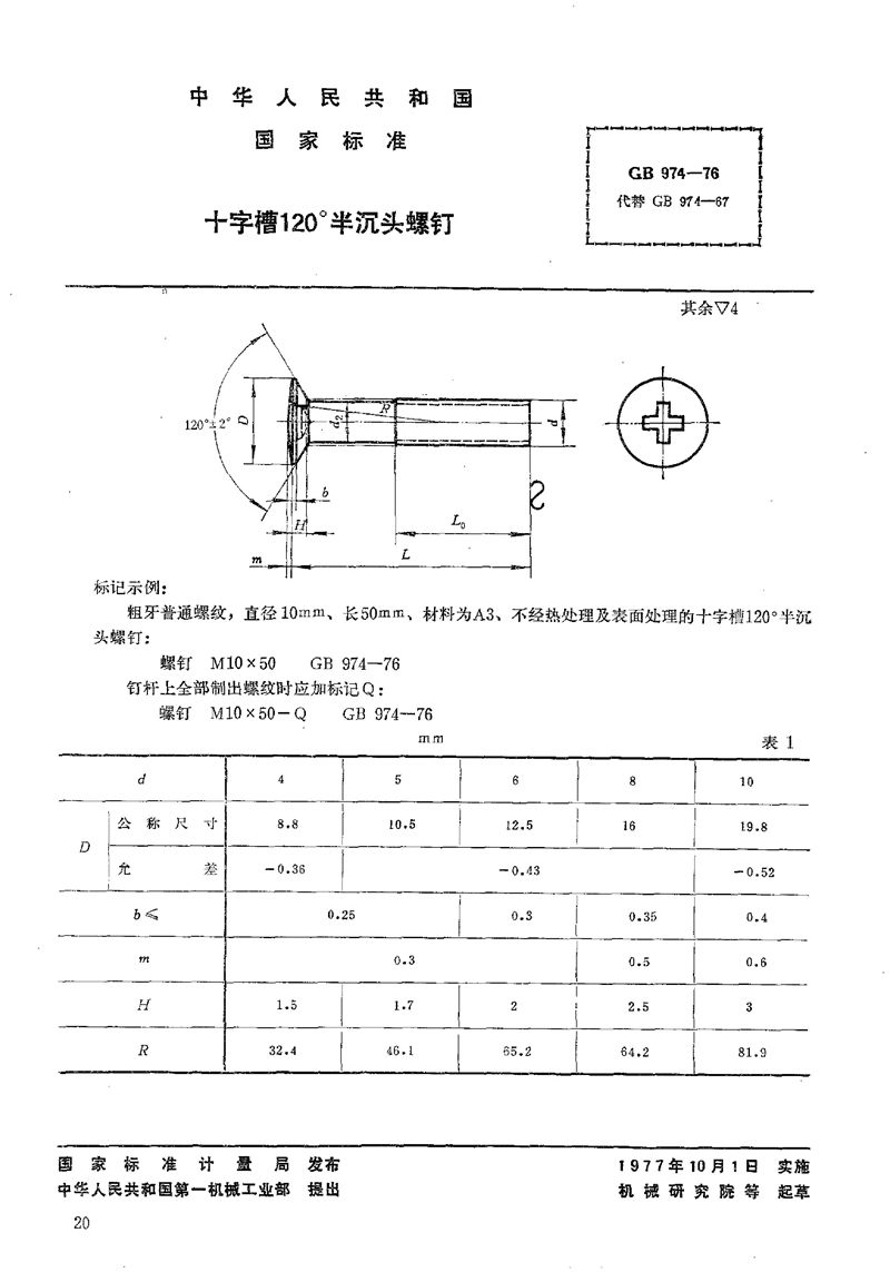 GB/T 974-1976 十字槽120°半沉头螺钉